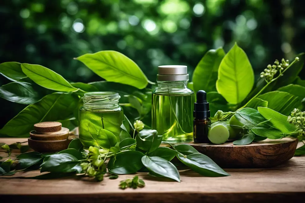 A serene image of natural skincare products surrounded by fresh green leaves on a wooden surface, symbolizing natural collagen care, in a photographic style.