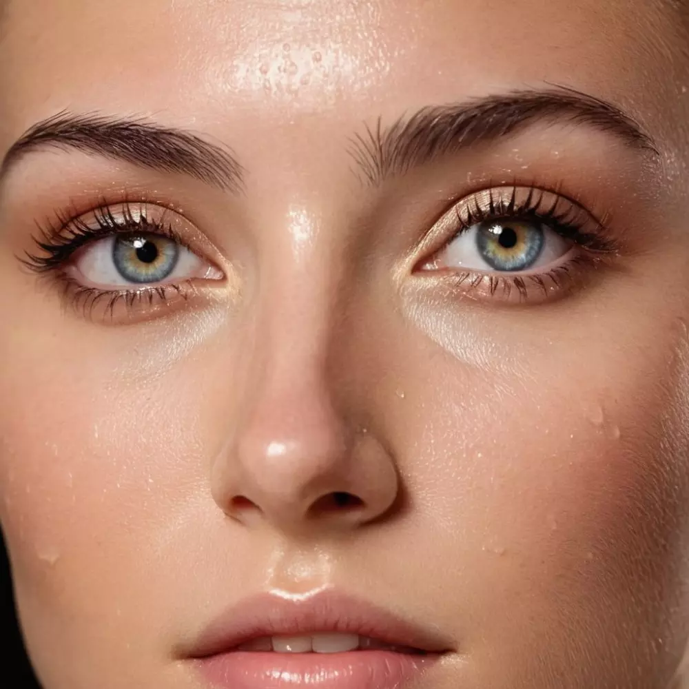 Ein Spritzer Wasser auf frischer, hydratisierter Haut, der die Essenz der Feuchtigkeitstherapie einfängt, in einem hochauflösenden fotografischen Stil, umgesetzt mit einem Makroobjektiv und Studiobeleuchtung.