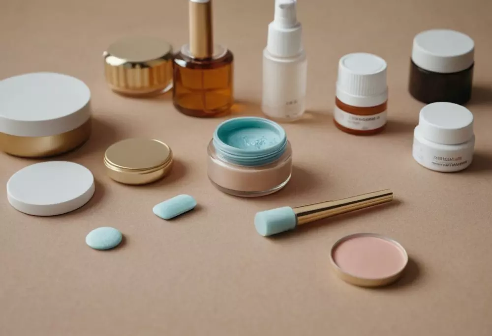 Verschiedene medizinische Narbenbehandlungsprodukte auf einer sauberen Oberfläche, fotografisch, Nahaufnahme bei Tageslicht, aufgenommen mit der Fujifilm GFX 100S.