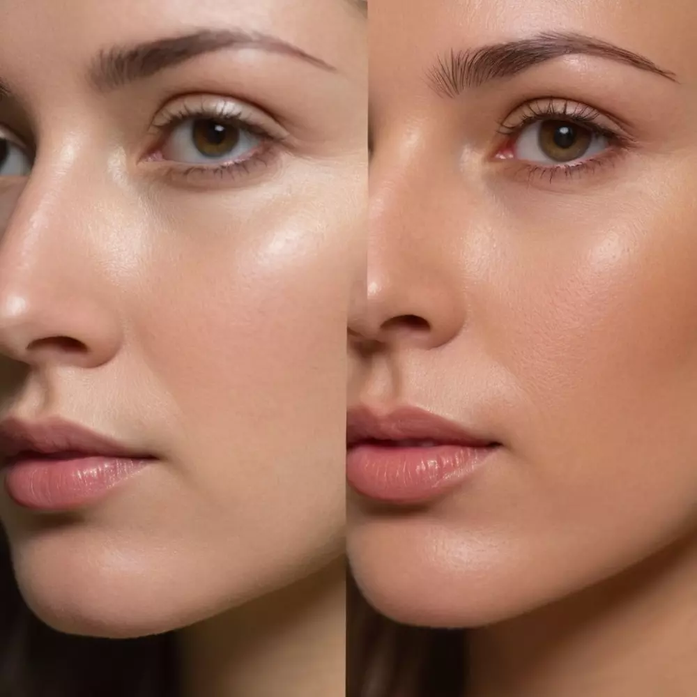 Close-up of facial skin before and after ultrasonic treatment, showing natural improvement, under soft light, in a photographic style.