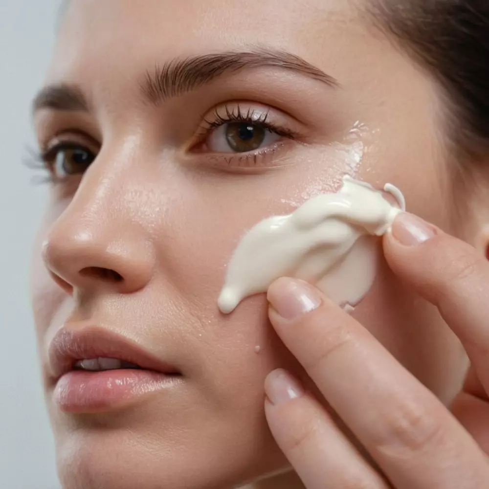 Nahaufnahme einer Hand, die Creme auf eine geheilte Gesichtsstelle aufträgt, mit unscharfem Hintergrund im fotografischen Stil.