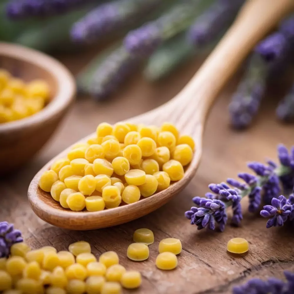 Nahaufnahme von Bienenwachspellets auf einem hölzernen Löffel, mit verschwommenen Lavendelpflanzen im Hintergrund, das Bild ist bei natürlichem Tageslicht aufgenommen, um den organischen Ursprung zu betonen. Fotografischer Stil mit Fokus auf Textur und natürlichen Farben.