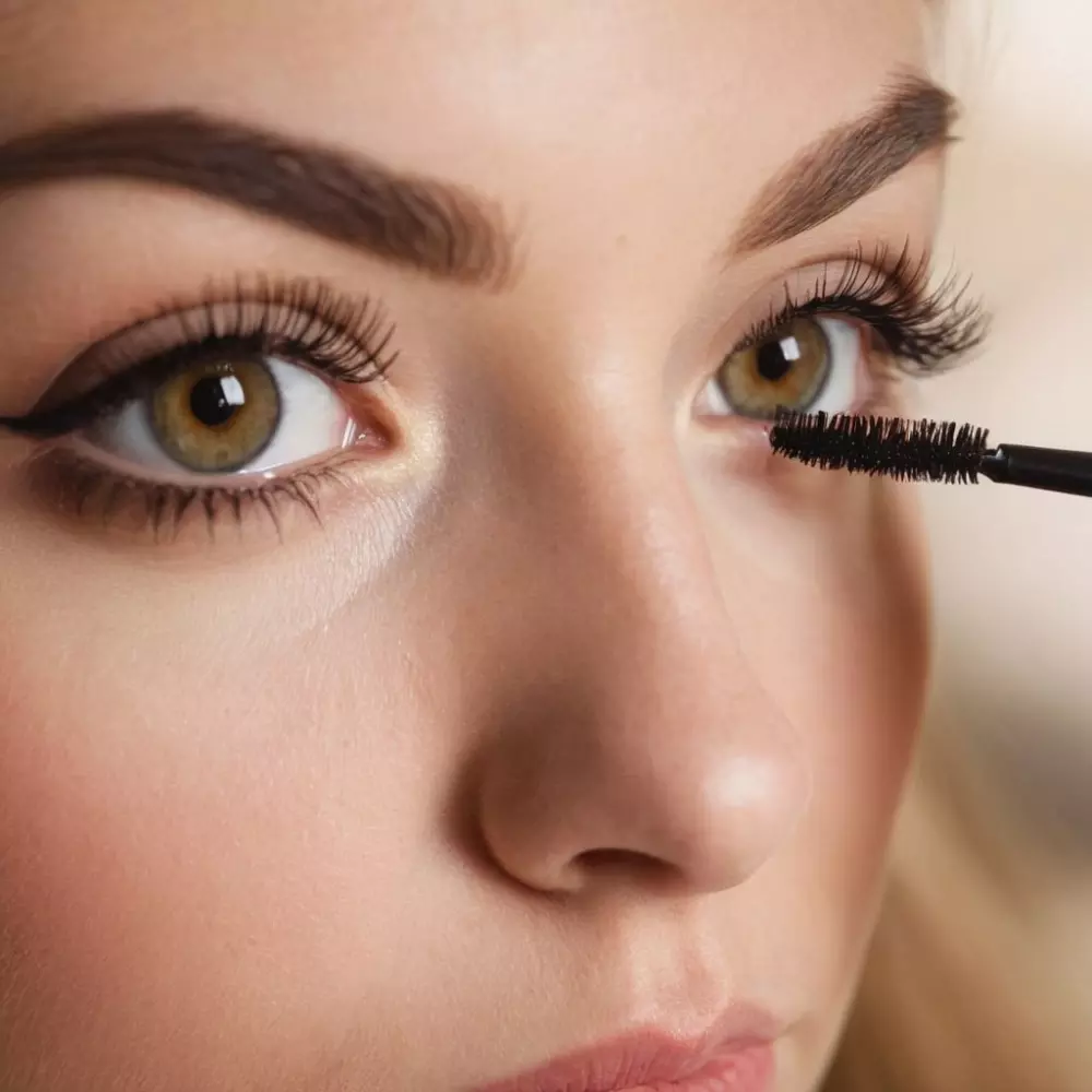 Nahaufnahme einer Frau, die Mascara auf ihre Wimpern aufträgt und dabei die Länge und das Volumen betont, fotografisch festgehalten mit einem Makroobjektiv, das sich auf die Wimpern in einer gut beleuchteten Innenumgebung konzentriert.
