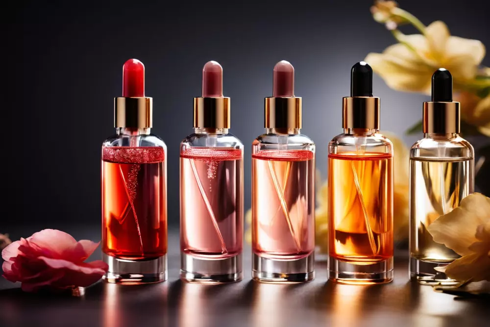 Nahaufnahme verschiedener Hautpflegeseren in eleganten Tropfflaschen auf einem minimalistischen Hintergrund, Fokussierung auf die Textur und Farben der Seren, luxuriöses und sauberes Ambiente, Fotografie mit einem Makroobjektiv und weichem natürlichem Licht, um die Serumdetails hervorzuheben.