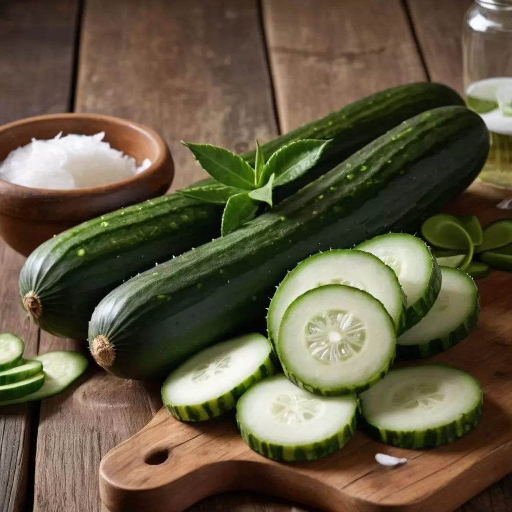 In einem rustikalen Holztisch liegen in Scheiben geschnittene Gurken, Aloe Vera und Kokosöl, sanft beleuchtet von natürlichem Sonnenlicht, eingefangen in einem hochauflösenden, detailreichen Foto.