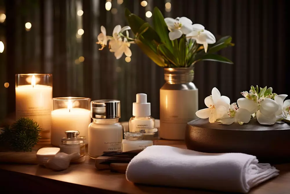 Eine ruhige Spa-Umgebung mit Pflegeprodukten für die Nachbehandlung, die neben einem entspannenden Gesichtsbehandlungsbereich ausgestellt sind. Fotografie, Nahaufnahme, die die beruhigende Umgebung und die Produkte einfängt, beleuchtet von warmem, weichem Licht, um Behaglichkeit zu vermitteln. Fotografie, Das Bild wird in hoher Auflösung aufgenommen, um die Qualität der Pflegeprodukte hervorzuheben.