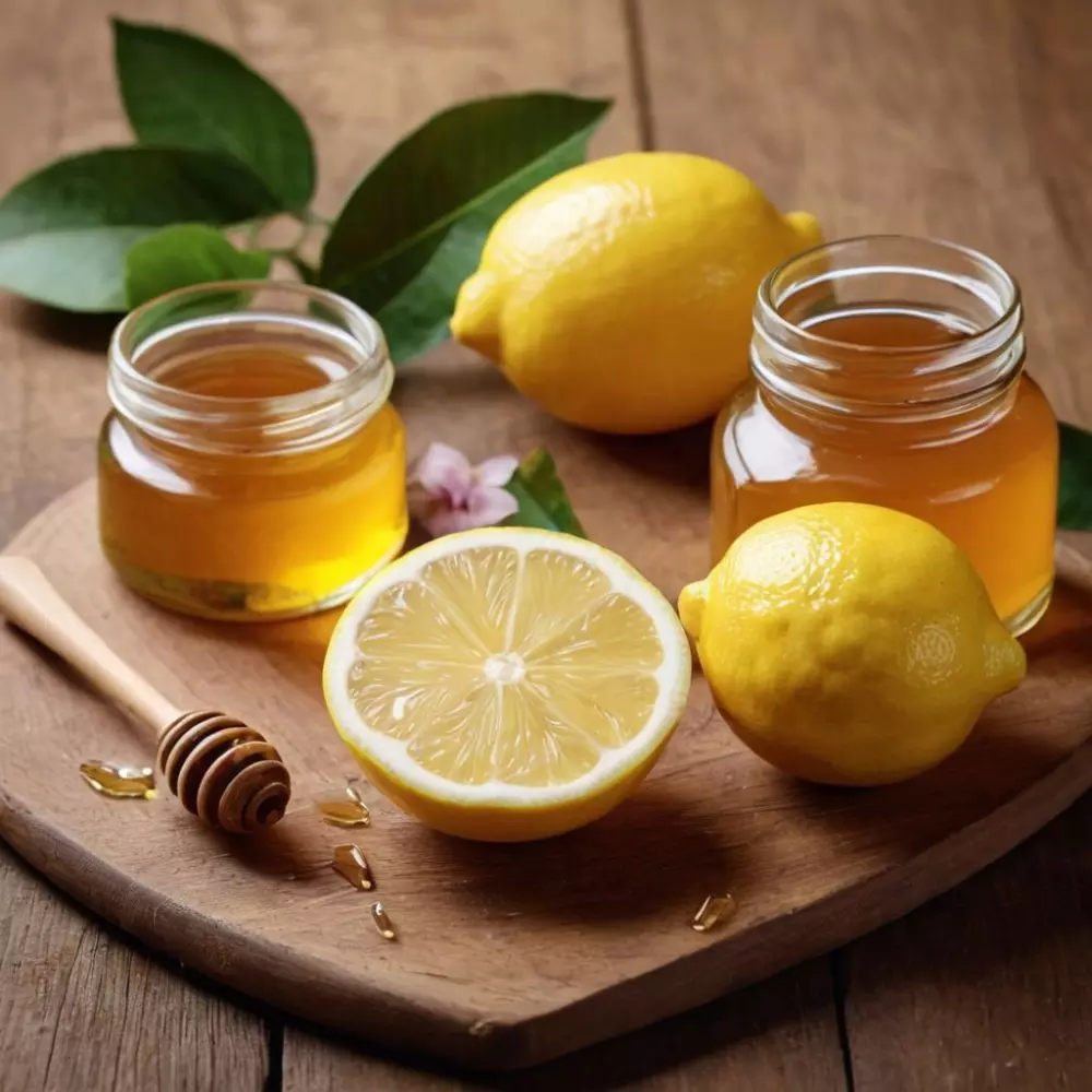 Verschiedene natürliche Zutaten wie Zitrone und Honig, auf einem Holztisch arrangiert, weisen auf Hausmittel für die Hautpflege hin, fotografiert.