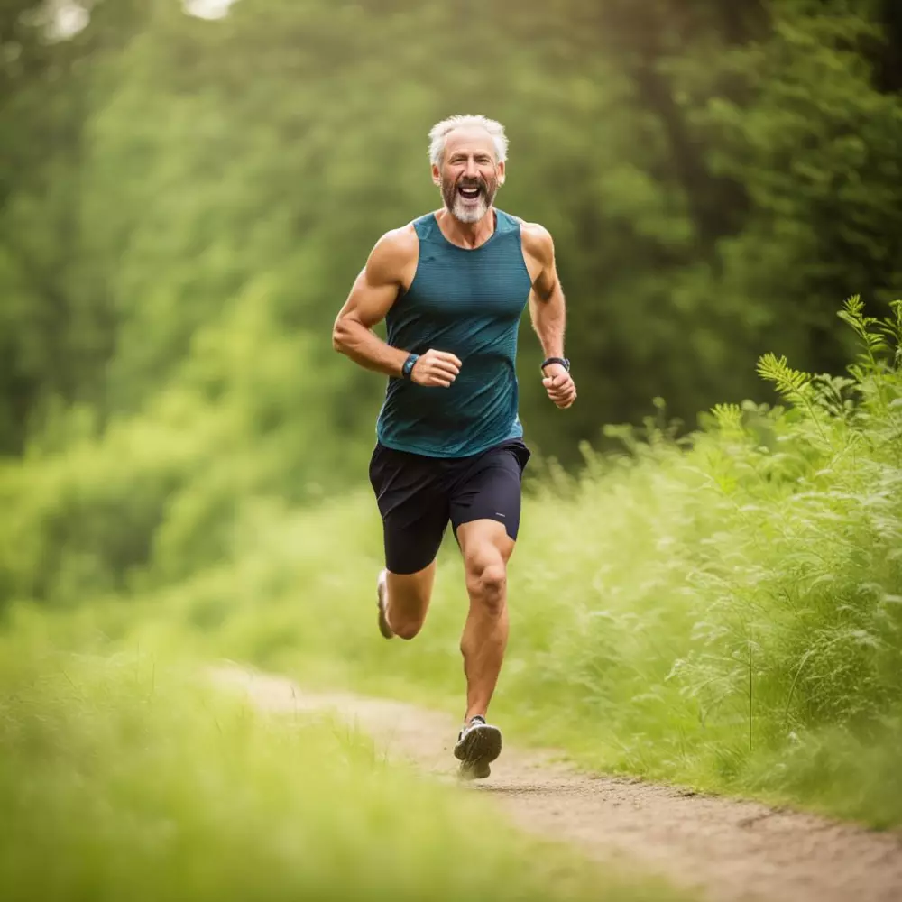 Joyful 40-year-old running in nature, a dynamic side view with a blurred green background, representing health and vitality, Photographic, captured with a medium telephoto lens to portray movement, in a high-resolution, vibrant image.