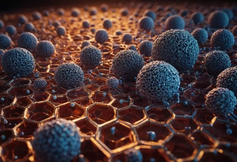 Close-up image of nanostructures and human cells interaction, depicted as a highly detailed 3D model with a focus on texture and color contrasts, under artificial studio lighting, 3D Model, rendered in 4K with detailed textures and lighting.