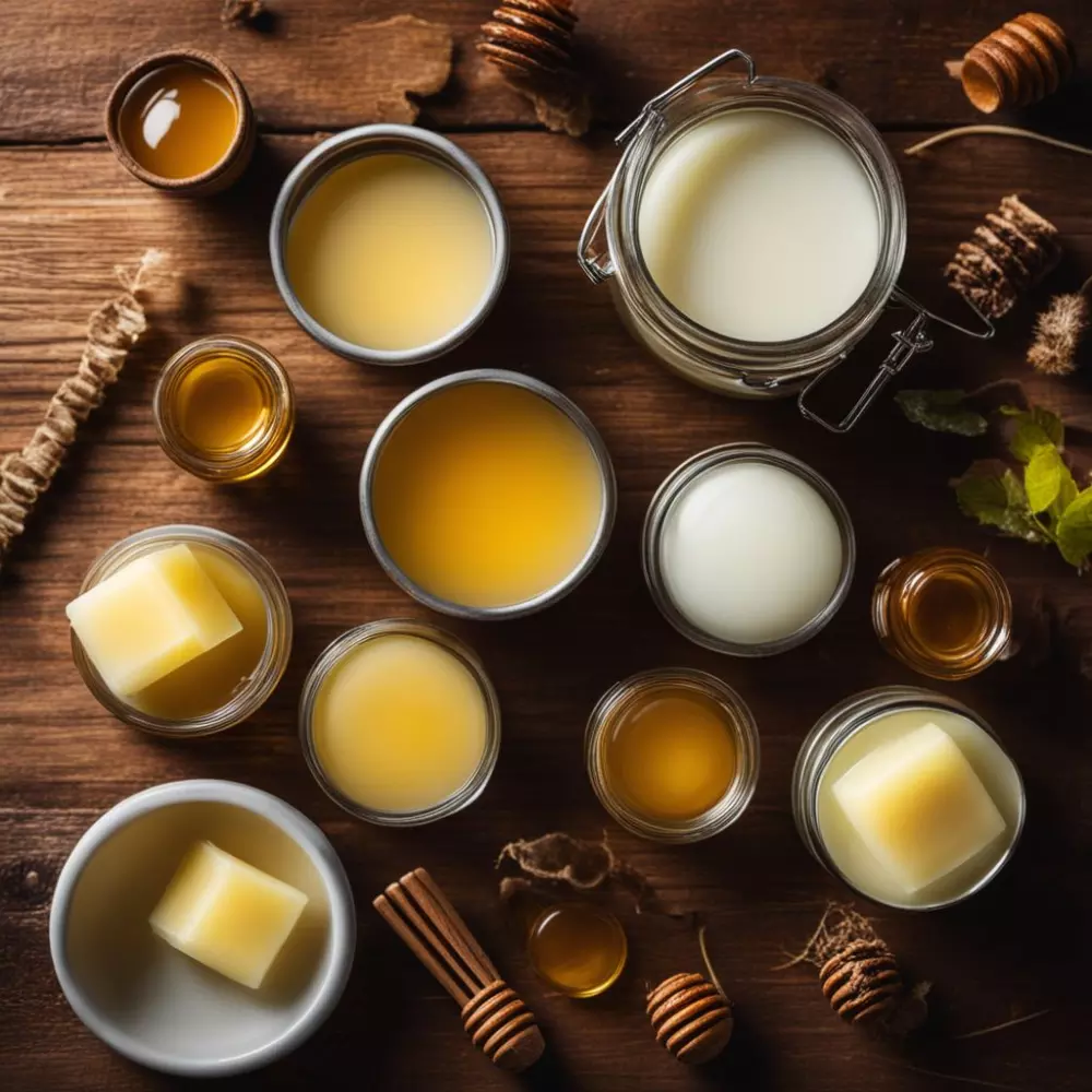 Ein ordentlich angeordnetes Set von Zutaten für selbstgemachten Honig-Lippenbalsam auf einem Holztisch, unter warmer Küchenbeleuchtung, fotografisch im High-Angle-Stil festgehalten.