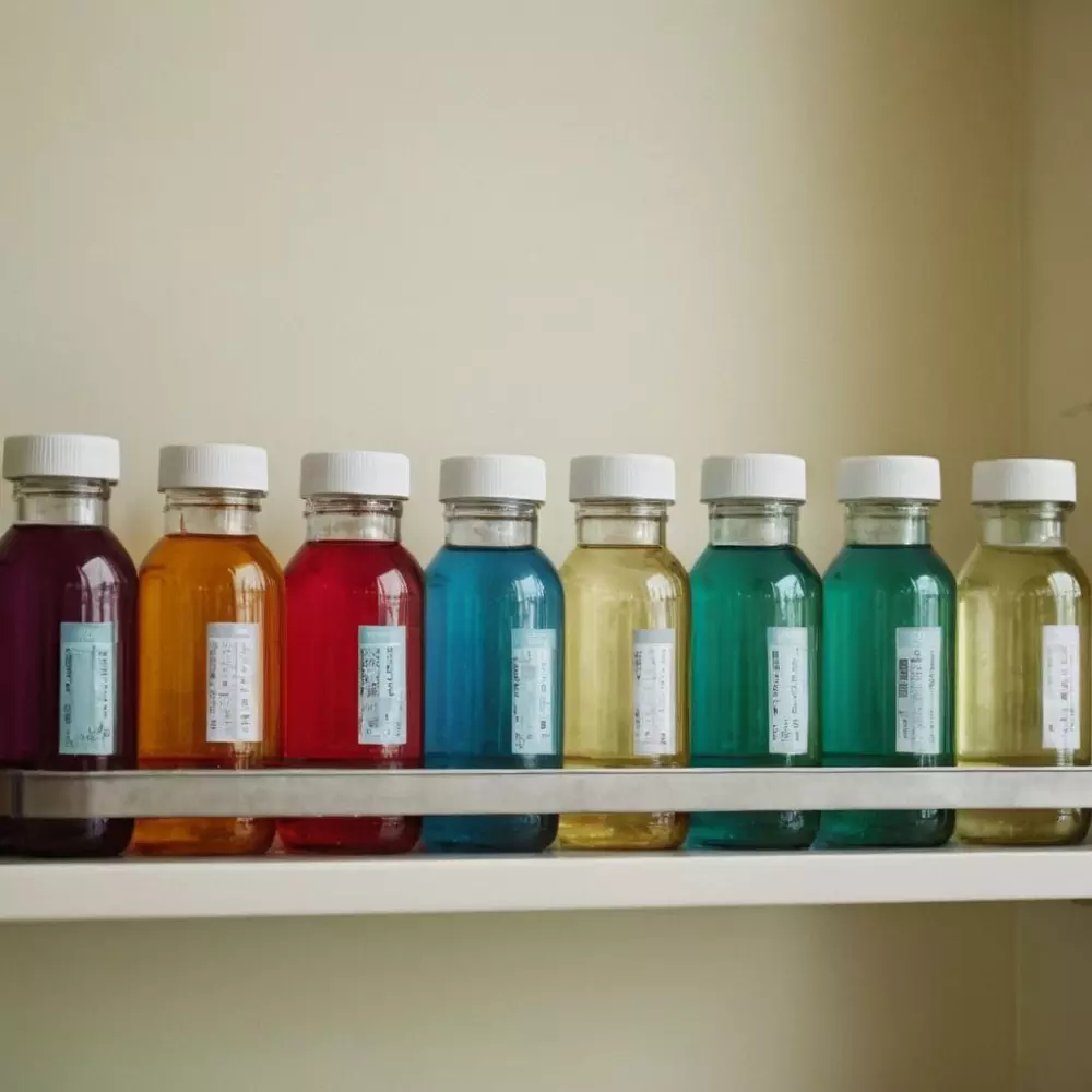 Verschiedene medizinische Infusionsflaschen stehen auf einem Tablett in einem Krankenhaus, zeigen verschiedene Farben und Etiketten, in einer sterilen und hell beleuchteten Umgebung. Fotografie, die die Vielfalt und Details der Flaschen einfängt.