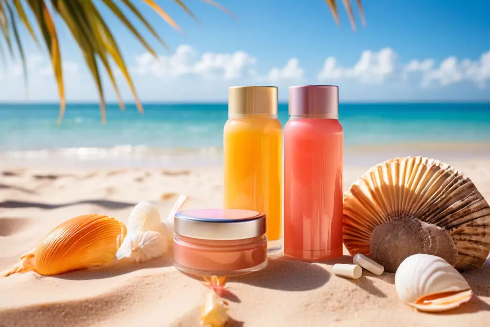 Verschiedene Lippenpflegeprodukte mit deutlich sichtbaren SPF-Labeln, vor einem hellen Strandhintergrund mit Sand und Muscheln. Fotografie, Produktfotografie in einem sonnigen Strandsetting mit natürlichem Licht und lebendigen Farben.