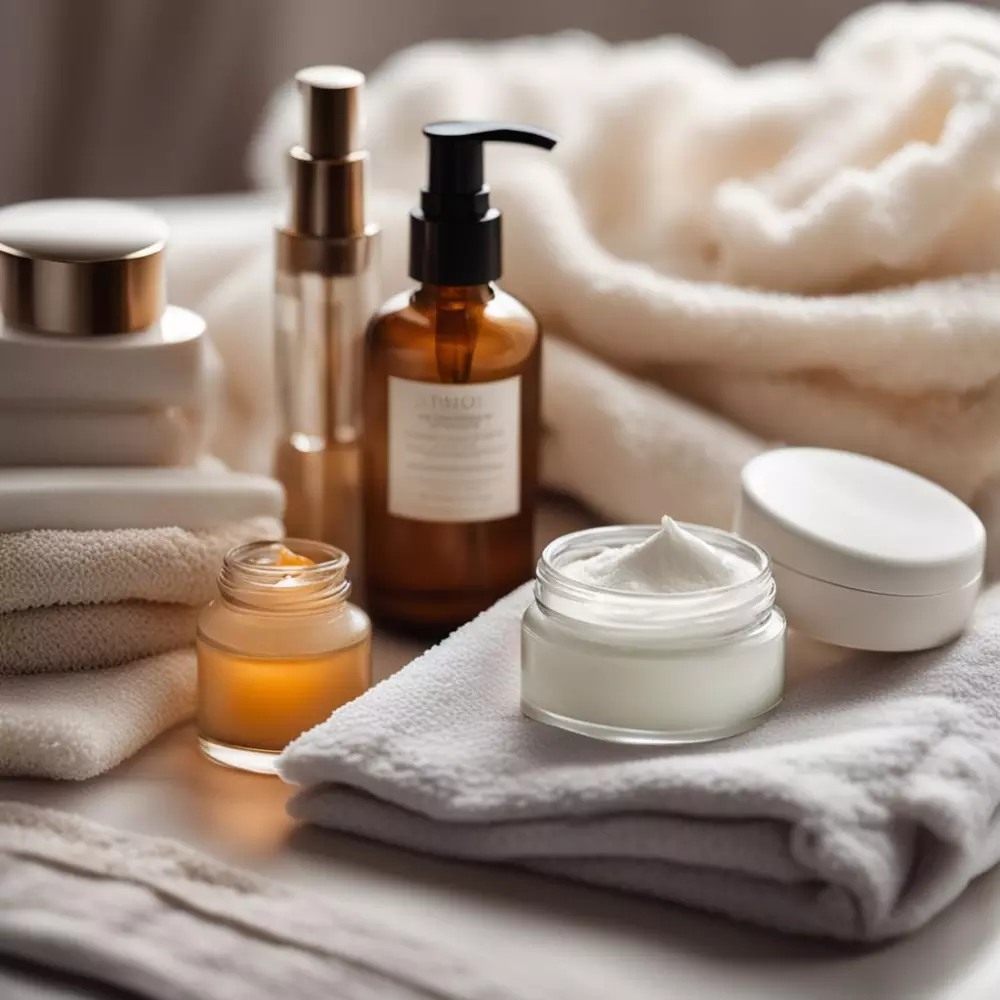 Skincare products on a soft towel, suggesting post-treatment care, calm and soothing setting, Photographic, with gentle lighting and a focus on product textures.