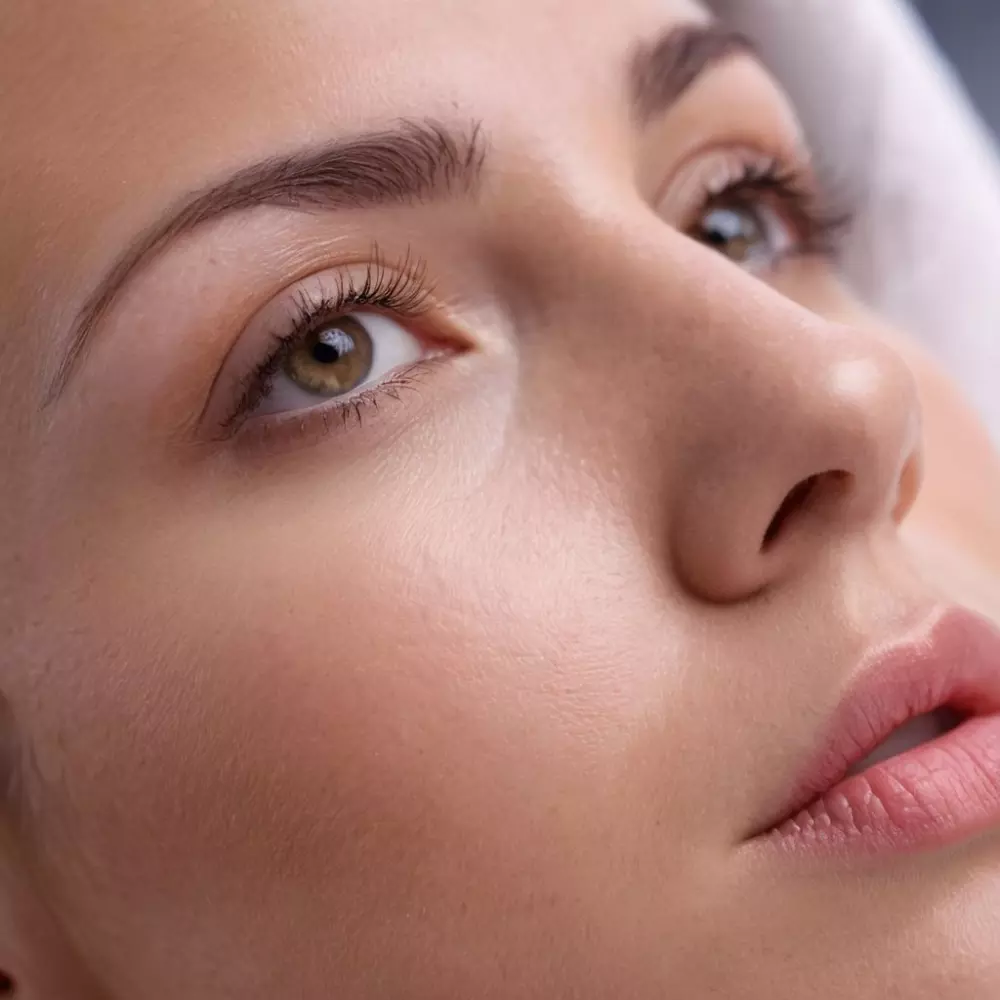 Nahaufnahme einer Microneedling-Behandlung auf der Gesichtshaut, mit Fokus auf das Gerät und die Hautinteraktion, Fotografisch detailliert mit Canon EOS-1D X Mark III, Makroobjektiv.