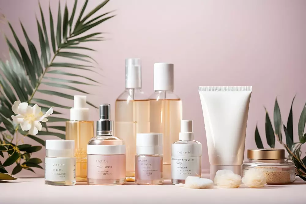 Elegante Präsentation von Hautpflegeprodukten, die für die Nachsorge nach einer Polynukleotid-Behandlung verwendet werden, ordentlich auf einem hellen Hintergrund angeordnet, mit Schwerpunkt auf Beruhigung und Pflege, im fotografischen Stil mit natürlichem Licht und einem mittleren Teleobjektiv.