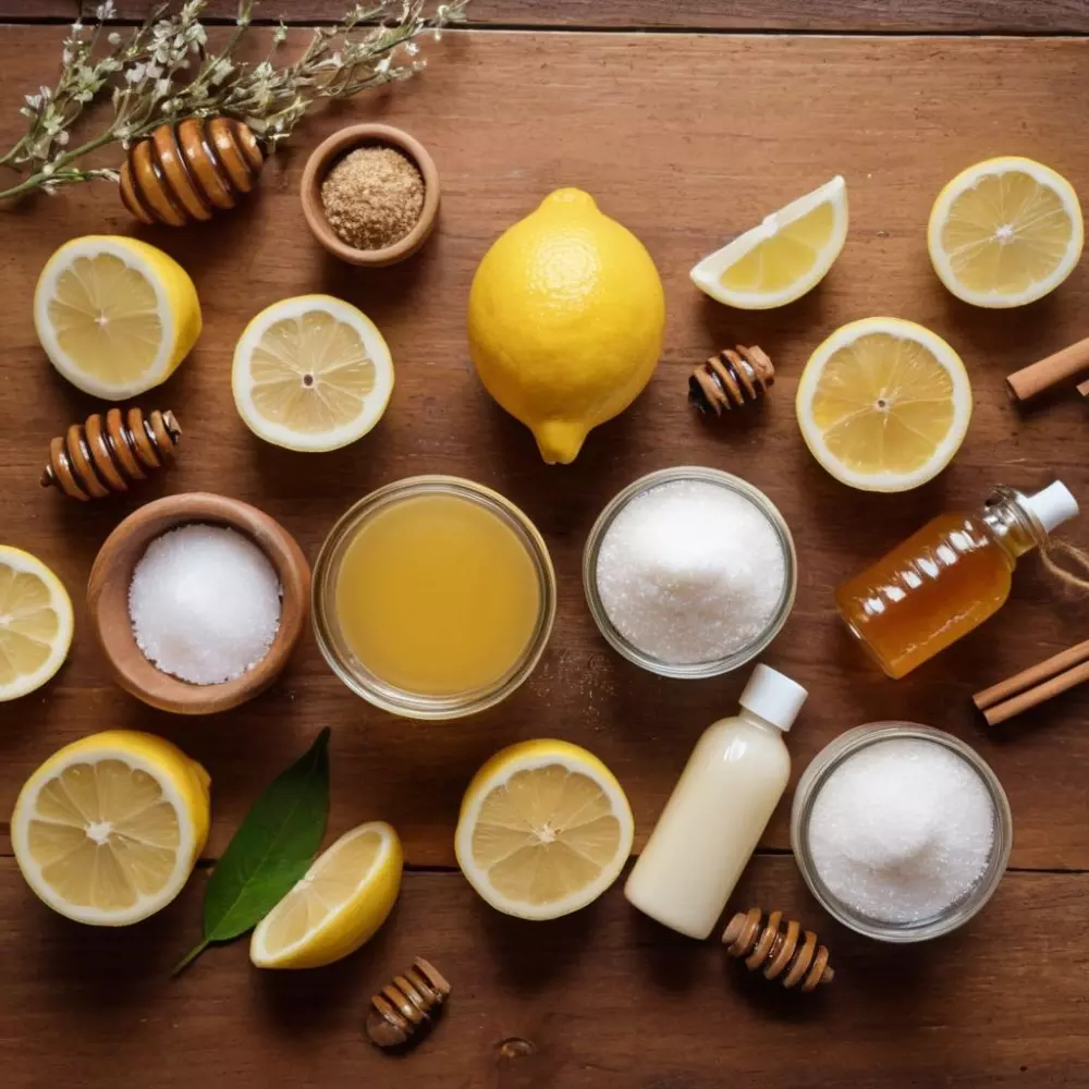 Eine Sammlung natürlicher Zutaten wie Zucker, Zitrone und Honig, die für eine natürliche Gesichtshaarentfernung vorbereitet sind, fotografisch festgehalten, ordentlich auf einer Holzoberfläche angeordnet und bei hellem Tageslicht eingefangen.
