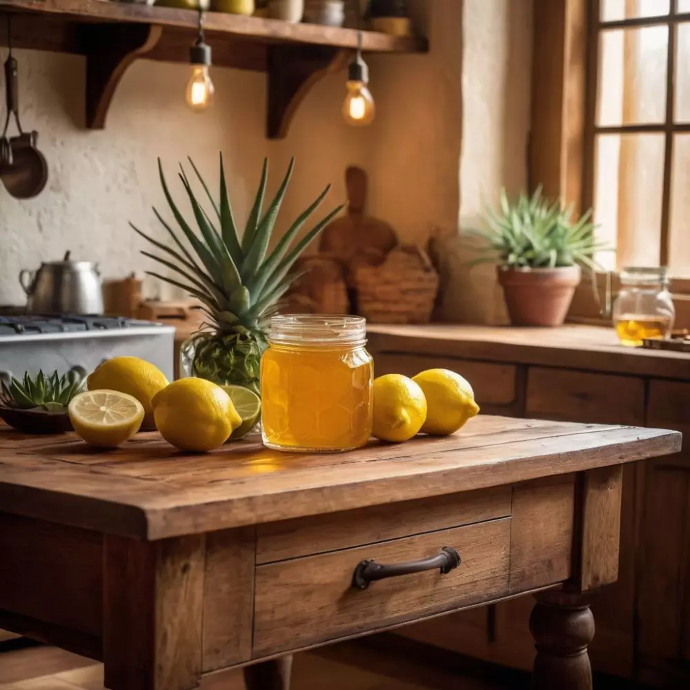 Ein rustikaler Holztisch mit natürlichen Zutaten wie Zitrone, Honig und Aloe Vera, aufgestellt in einer Küche mit warmem Umgebungslicht. Fotografie mit einem Weitwinkelobjektiv und natürlichem Licht.