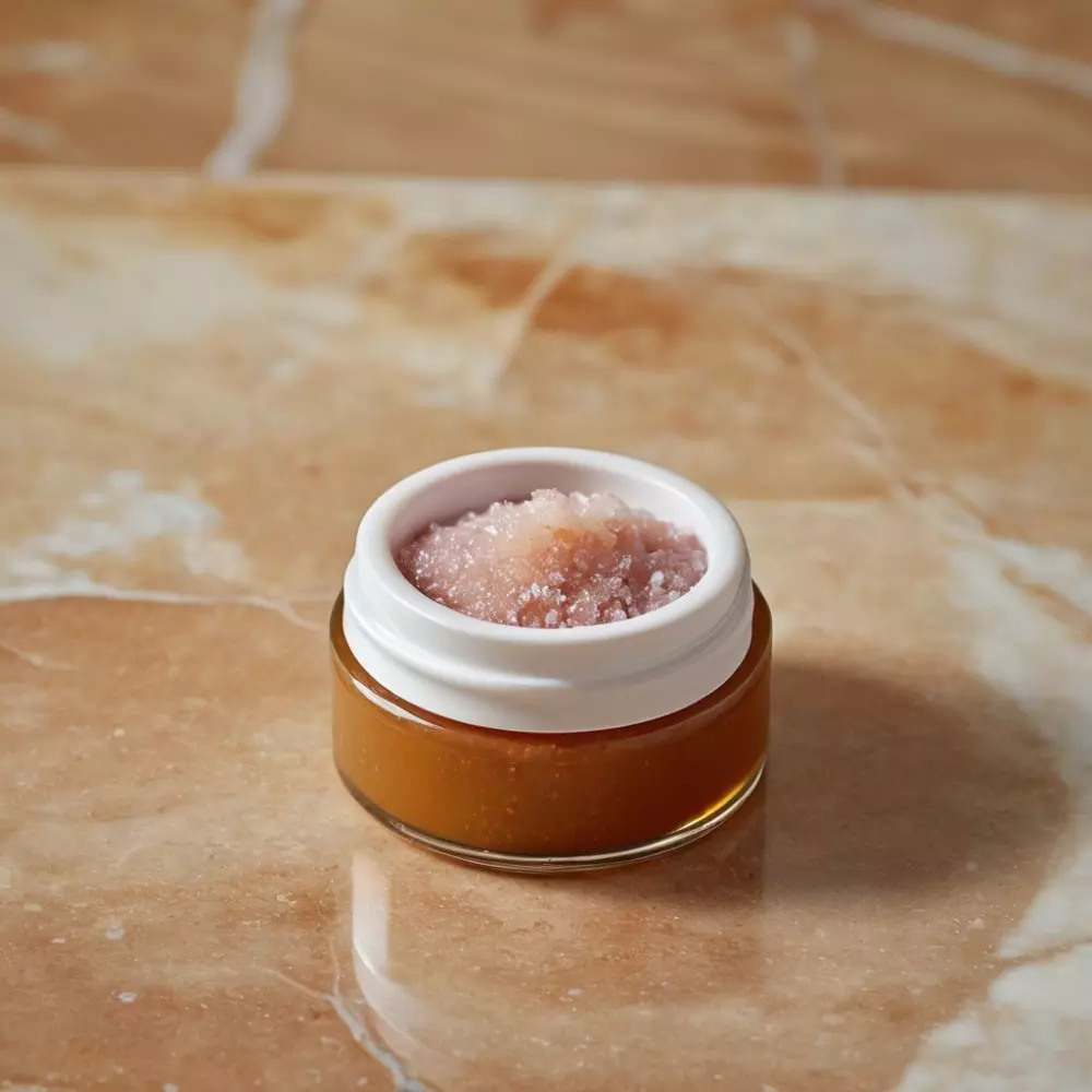 Ein Glas mit natürlichem Lippenpeeling aus Zucker und Ölen, geöffnet und bereit zur Verwendung, auf einer Marmoroberfläche präsentiert, Nahaufnahme, fotografisch festgehalten, die körnige Textur des Peelings und die glänzenden Öle sind scharf fokussiert und mit sanftem Licht eingefangen.