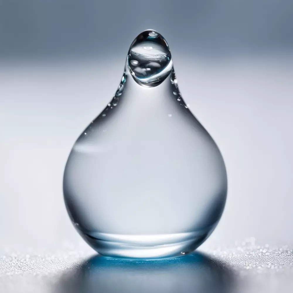 Nahaufnahme eines klaren, zähen Tropfens Hyaluronsäure auf einer makellos weißen Oberfläche, die seine gelartige Textur hervorhebt. Fotografie, Makrofotografie mit Fokus auf der Textur des Tropfens und natürlichem Licht.