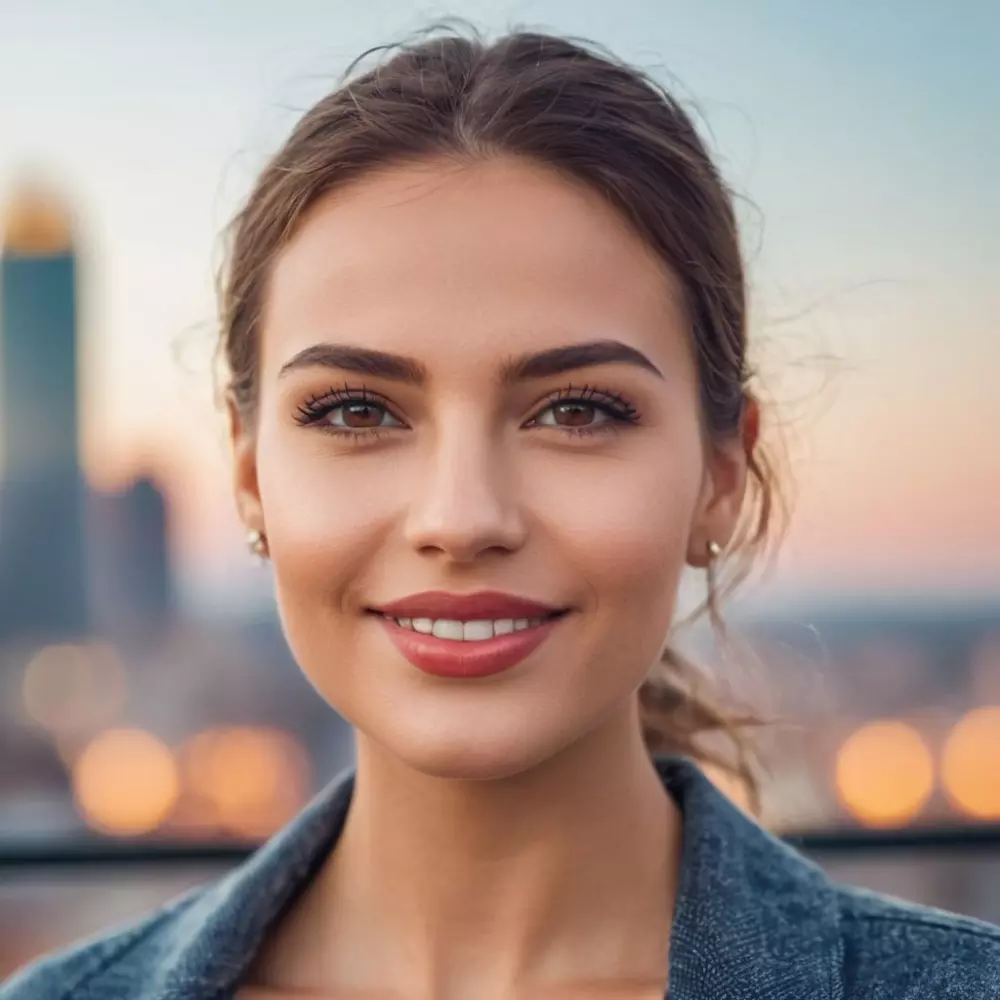 Nahaufnahme einer lächelnden Person mit vergrößerten Lippen, die ihr verbessertes ästhetisches Erscheinungsbild zeigt und Selbstbewusstsein ausstrahlt, mit einer verschwommenen Stadtkulisse im Hintergrund, unter Verwendung von natürlichem Tageslicht, in einem hochauflösenden Fotografiestil.