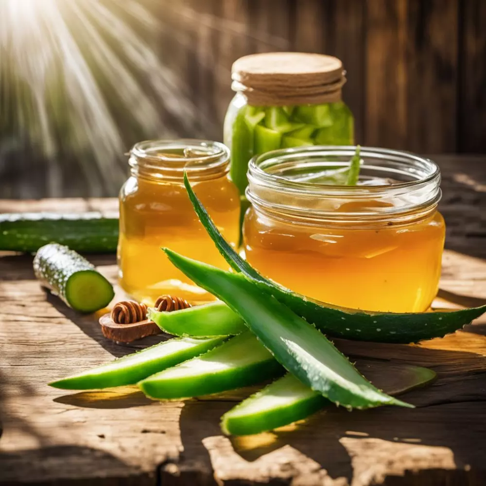 Eine Nahaufnahme von Aloe Vera, Gurkenscheiben und einem Honigglas, ordentlich auf einem rustikalen Holztisch arrangiert, im natürlichen Sonnenlicht, das ihre frischen und organischen Texturen hervorhebt, eingefangen in einem hochauflösenden, lebendigen Farbfotostil.