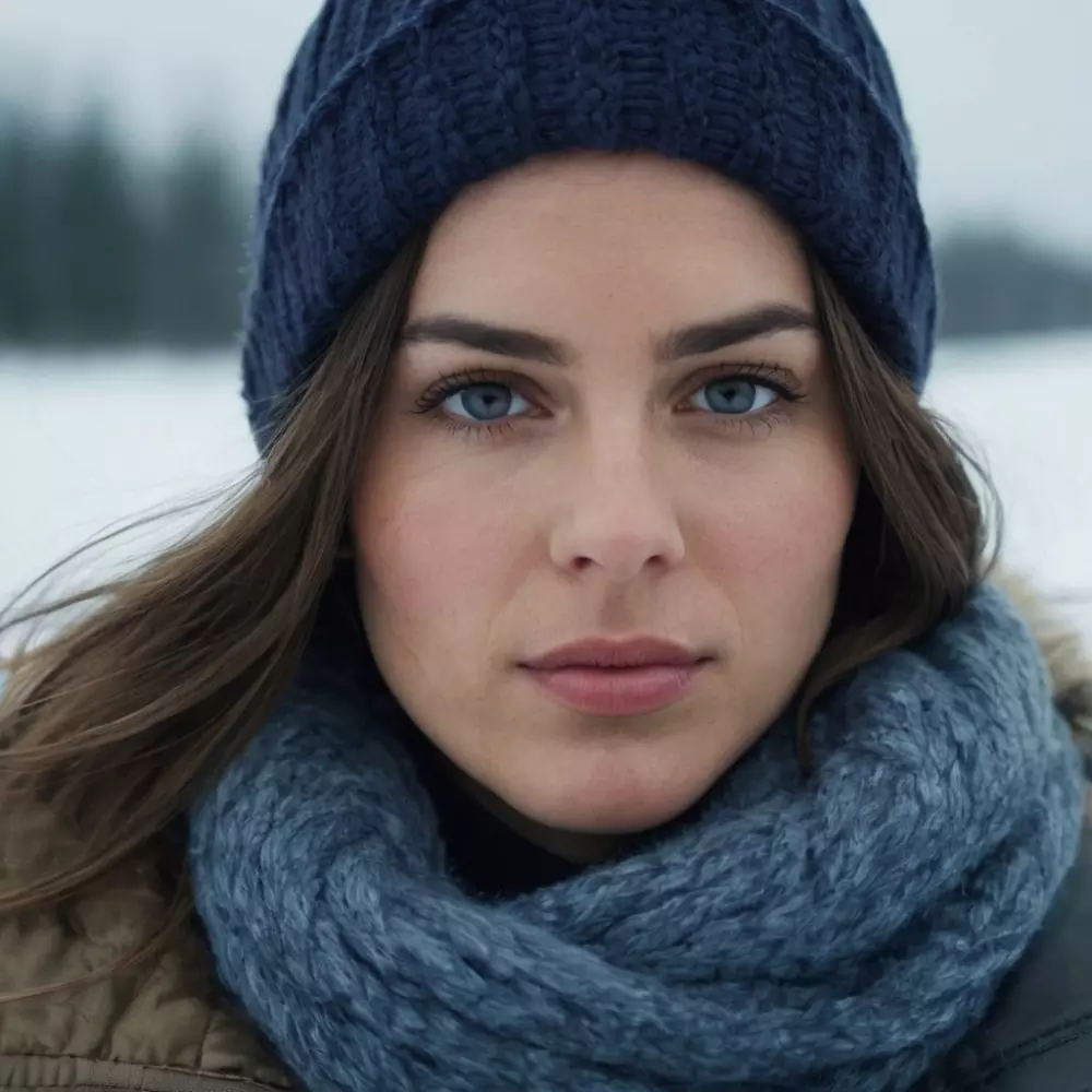 Eine Person steht in einer kalten, windigen Umgebung und trägt Winterkleidung. Sie konzentriert sich auf ihr Gesicht, das den Wind spürt, mit sichtbarem Unbehagen auf den Lippen. Das Foto wird mit einem mittleren Teleobjektiv aufgenommen, um den Gesichtsausdruck und die Umgebungsdetails einzufangen, bei natürlichem Licht und hoher Auflösung.