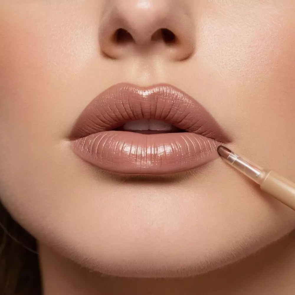 Nahaufnahme einer Person, die einen neutralen Lippenkonturenstift aufträgt, um ihre Lippen zu definieren, um die Präzision der Linie zu zeigen, in einem fotografischen Stil, aufgenommen mit einem Makroobjektiv und weichem Licht für Klarheit.