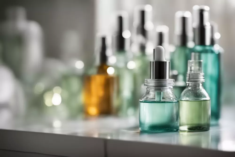 Skincare bottles on a clean surface, focus on texture, indoor environment, clinical atmosphere, Photographic, close-up with detailed sharp focus.