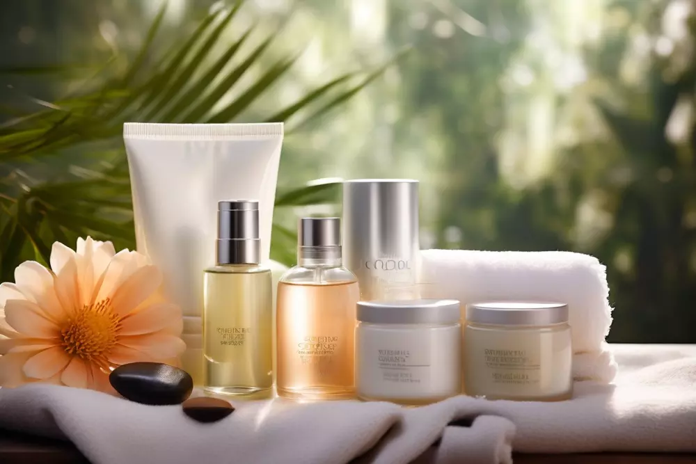 A collection of gentle aftercare skincare products on a soft, plush towel, symbolizing soothing post-treatment care, in a photographic style, captured with a close-up shot to emphasize the texture and soothing colors of the products, under soft, gentle lighting.
