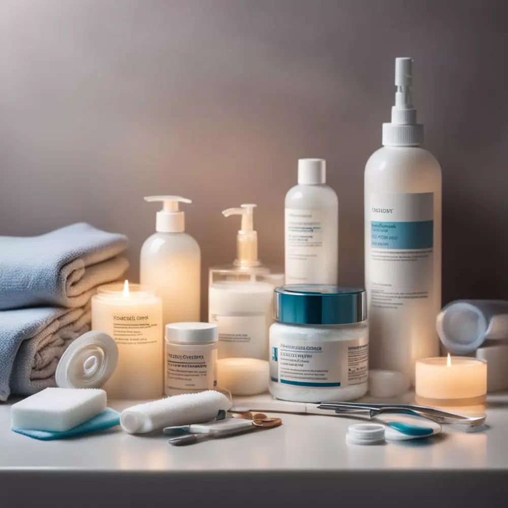 Ein ordentlich angeordnetes Set von Nachsorgeprodukten nach einer Operation auf einem sauberen Tisch, mit Verbänden, Cremes und medizinischen Werkzeugen unter sanftem Umgebungslicht, das eine tröstliche und fürsorgliche Umgebung schafft. Fotografie mit einer Nahaufnahme, um die Pflegeprodukte in hoher Detailgenauigkeit zu betonen.