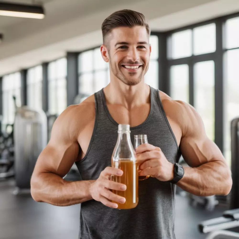 Glücklicher, gesunder Mensch trinkt nach dem Training Apfelessig in einem hellen, luftigen Fitnessstudio, fotografiert mit natürlichem Licht, das Vitalität zeigt.