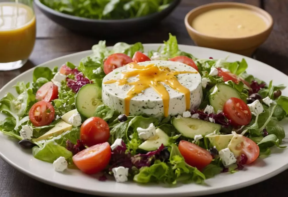 Ein geteiltes Bild, das einen scheinbar gesunden Salat und seine versteckten kalorienreichen Zutaten wie Käse und Dressing auf der Seite zeigt, in einer hellen Umgebung, um die täuschende Natur zu betonen. Fotografisch, Fotografie mit scharfem Fokus und natürlichem Licht.