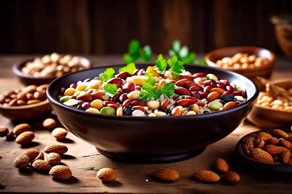 Eine Schüssel mit sättigenden Lebensmitteln wie Bohnen, Vollkornprodukten und Nüssen, kunstvoll auf einem rustikalen Holztisch arrangiert, in einem weichen, natürlichen Lichtsetting, das Wohlgefühl und Fülle vermittelt. Fotografie, die eine Nahaufnahme mit einem Bokeh-Hintergrund verwendet.
