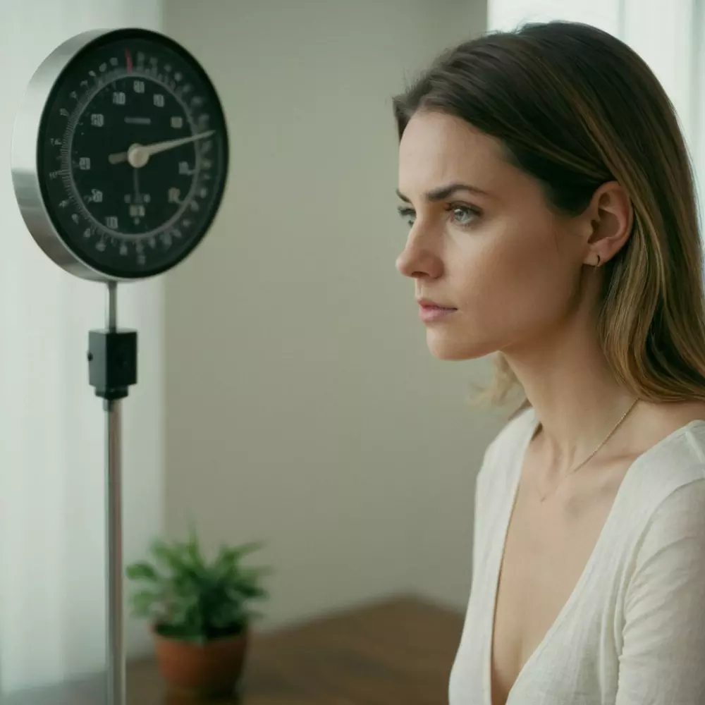 Una mujer delgada mirando contemplativamente una balanza en una habitación luminosa y moderna, reflejando incertidumbre. Fotografía capturada en un primer plano con una lente de 50 mm para enfocarse en su expresión y la balanza.