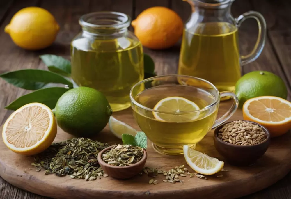 Nahaufnahme einer Auswahl von stoffwechselanregenden Lebensmitteln wie grünem Tee, Zitrusfrüchten und Vollkornprodukten, ordentlich auf einer rustikalen Holzoberfläche arrangiert, mit sanftem natürlichem Licht, das die Texturen und Farben der Lebensmittel hervorhebt. Fotografie, Nahaufnahme mit natürlichem Licht und einem detaillierten Fokus.