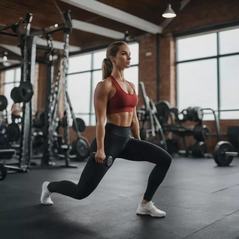Una persona haciendo estocadas en un gimnasio, enfocándose en la postura y la activación de la cintura, con un estado de ánimo activo y determinado, fotográfico, tomado con un enfoque nítido utilizando una cámara DSLR, toma de cuerpo entero, con un fondo claro de gimnasio.