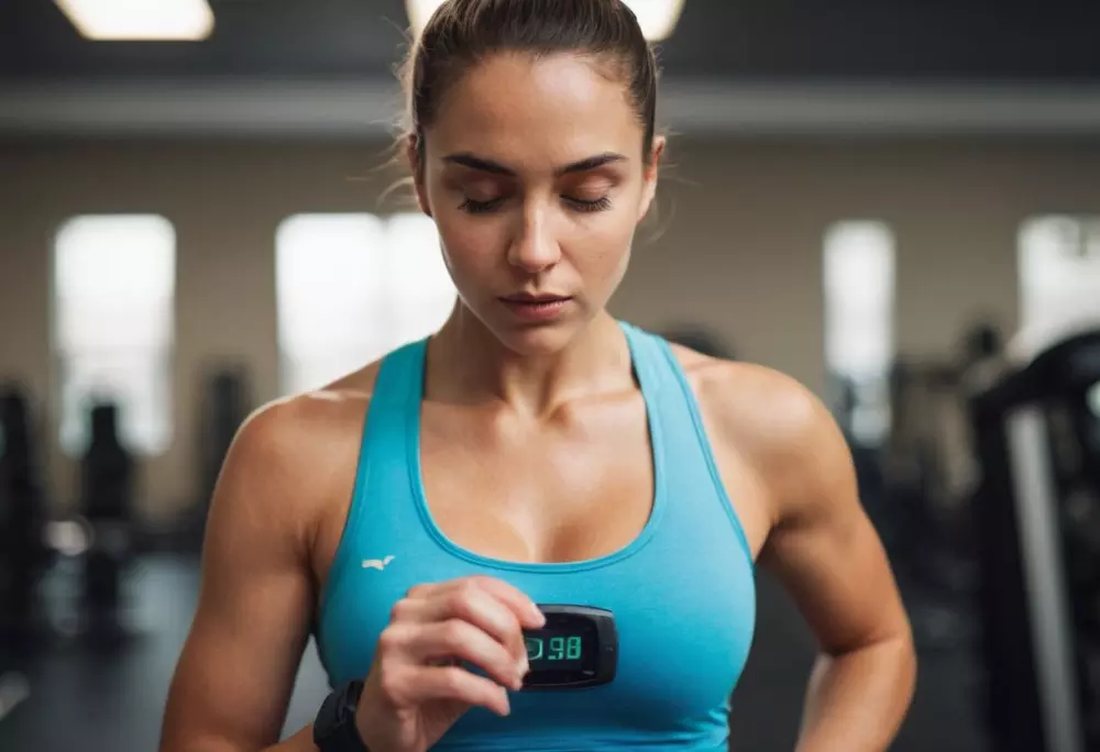 Eine konzentrierte Person überprüft während des Trainings ihren Herzfrequenzmesser, zeigt Entschlossenheit, in einem Fitnessstudio, fotografischer Stil, Nahaufnahme mit einem Makroobjektiv und Studiobeleuchtung.