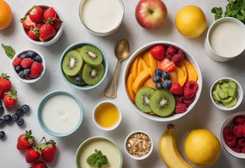 Eine Auswahl an fettarmen Lebensmitteln, darunter Joghurts, Früchte und Gemüse, auf einem hellen Hintergrund angeordnet, fotografiert mit einem Weichzeichner, um die leichte und gesunde Natur der Lebensmittel zu betonen.