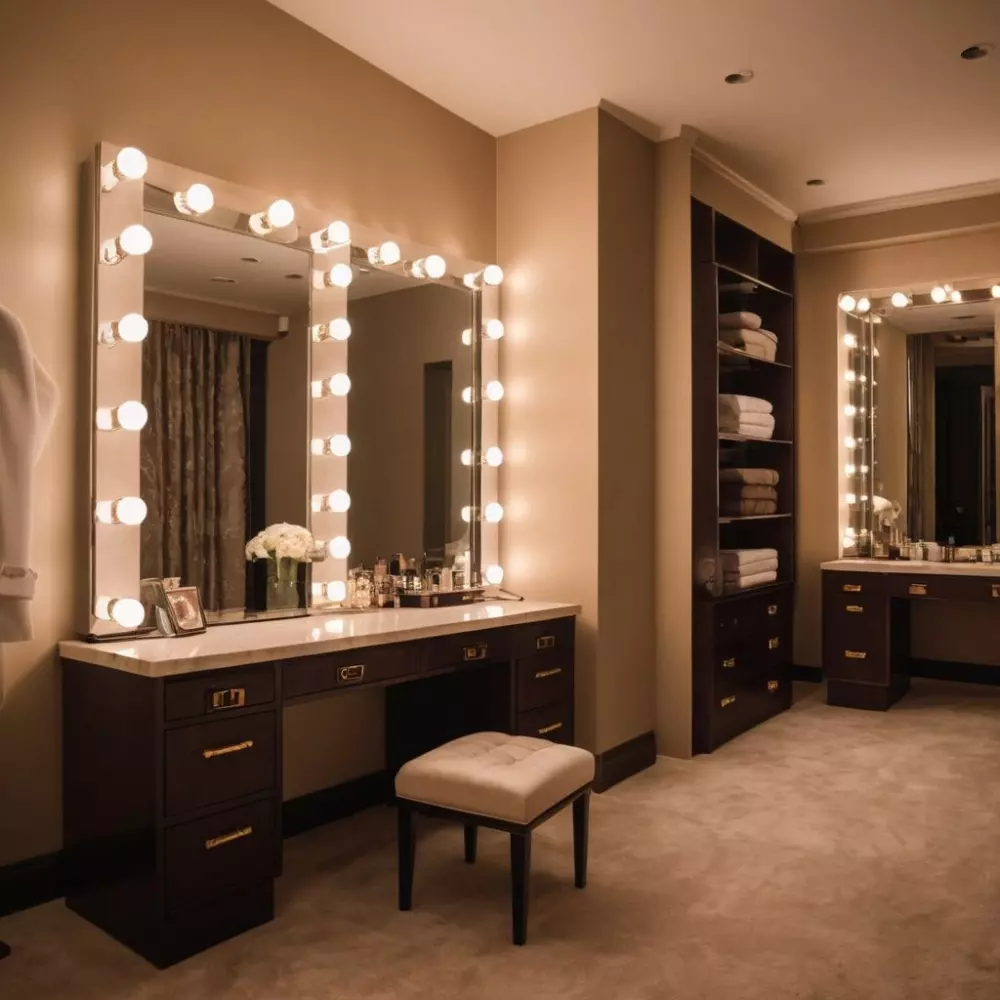 Ein luxuriöses Ankleidezimmer mit einem stilvollen Schminktisch, das den glamourösen Hollywood-Lifestyle widerspiegelt, mit sanfter Umgebungsbeleuchtung, um eine elegante und einladende Atmosphäre zu schaffen. Fotografisch festgehalten mit einem Weitwinkelobjektiv, um den Reichtum des Ambientes einzufangen.