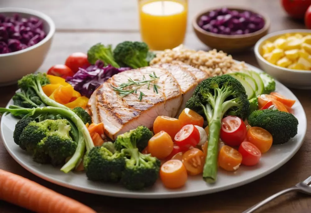 Comida equilibrada y nutritiva en una mesa, enfocada en verduras coloridas y proteínas magras, iluminación natural brillante, estilo fotográfico con un enfoque nítido utilizando un lente macro.