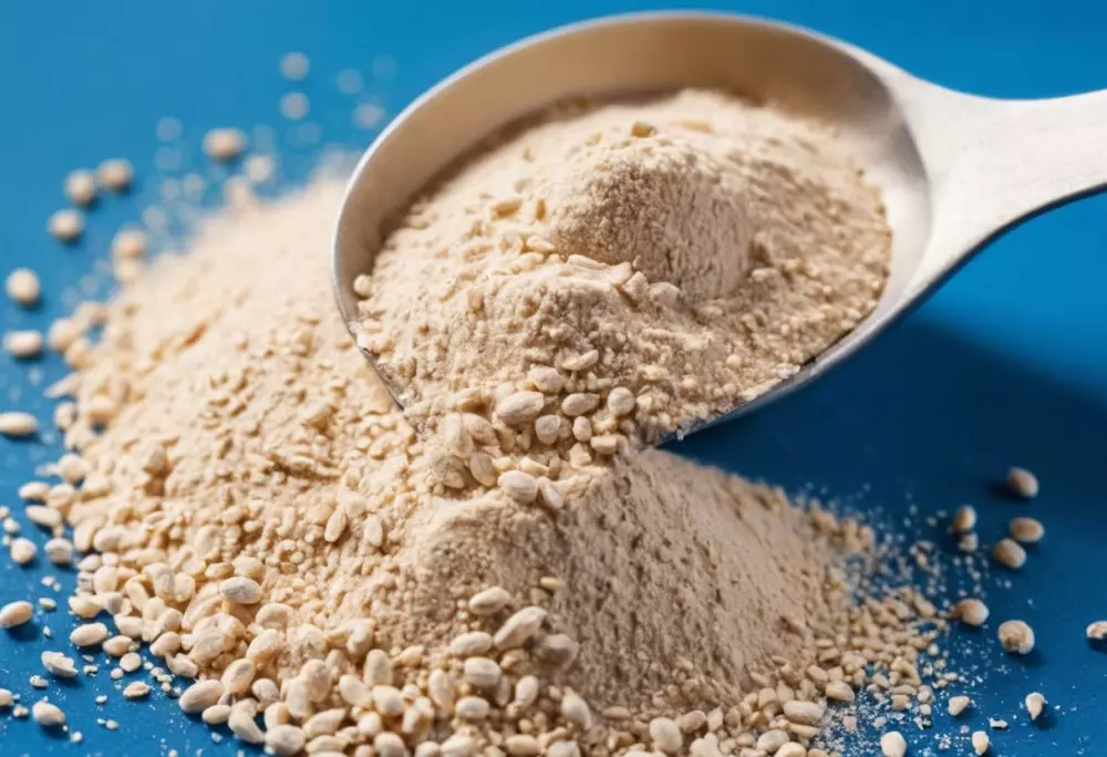 Una cucharada de polvo de proteína de suero sobre un fondo azul vibrante con una cucharada medidora y granos derramados, enfocado y detallado, fotográfico, fotografía con una alta resolución para capturar la fina textura del polvo.