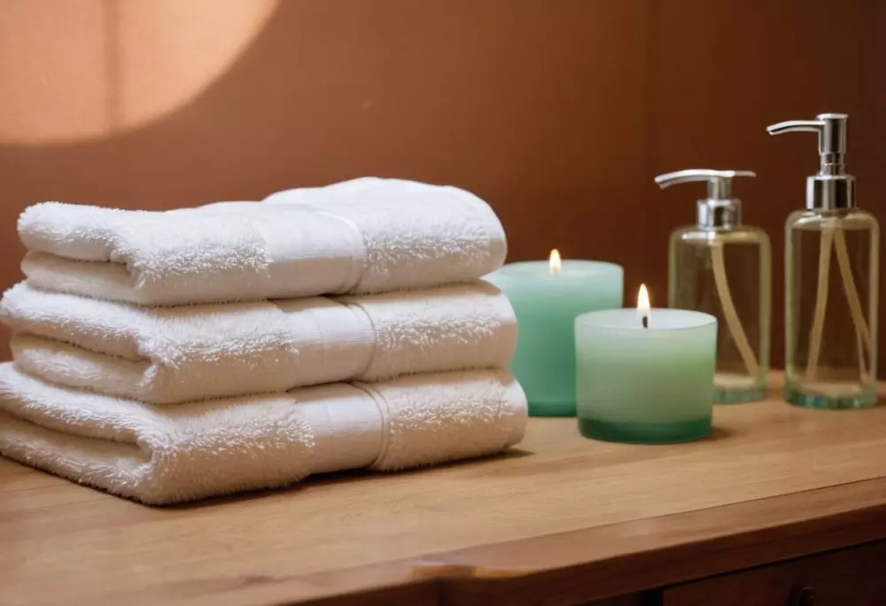 Un conjunto ordenado de toallas, guantes y una bolsa de gel en una mesa en un entorno de spa, sereno y listo para un tratamiento, fotografiado en un plano medio con luz natural.