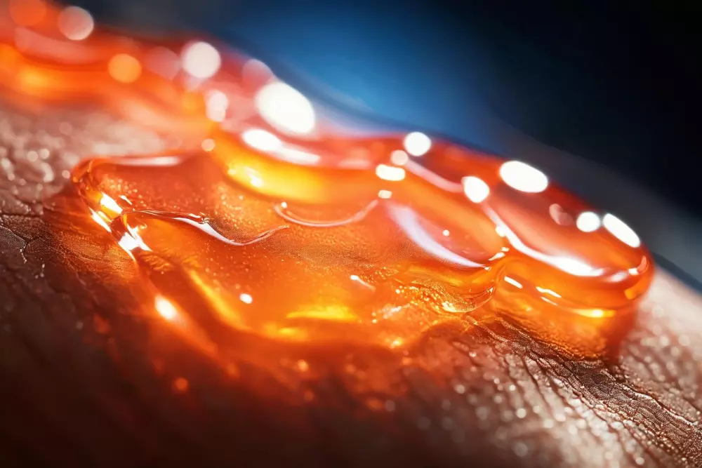 Close-up of a generic, unbranded cooling gel pack on human skin, with a focus on the contact area, in a brightly lit, clinical setting, realized with macro photography.