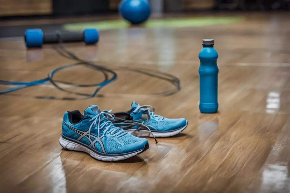 Active lifestyle, running shoes, a water bottle, and a fitness tracker on a gym floor, promoting exercise as part of a diet plan, Photographic, Photography with good depth of field and dynamic lighting.