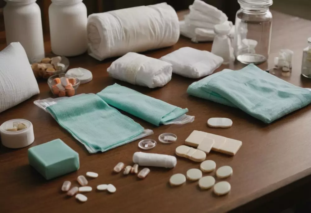 Nach der Operation angeordnete Medikamente und Verbände, ordentlich auf einem Tisch platziert, deuten auf eine organisierte postoperative Versorgung hin. Fotografie in hoher Auflösung mit klarem, detailliertem Fokus.