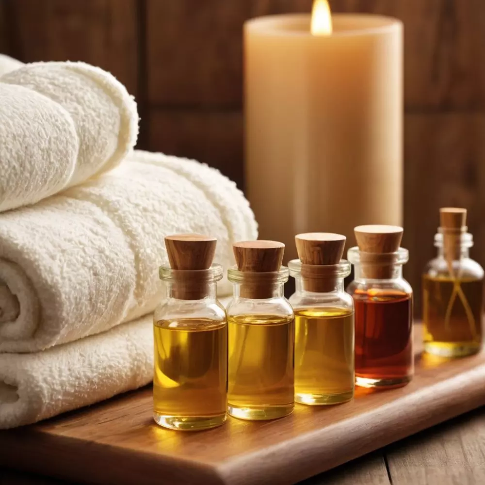 Una variedad de aceites y cremas para masajes exhibidos en una superficie de madera, específicamente etiquetados para el tratamiento de la celulitis, en un entorno tranquilo de spa. Fotografía con tomas en primer plano y luz natural para resaltar los detalles del producto.