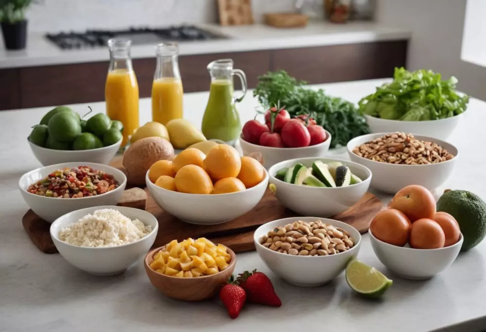 Eine ordentlich angeordnete Auswahl an gesunden Lebensmitteln, die eine ausgewogene Ernährung repräsentieren, mit sichtbaren Portionen von Proteinen, Fetten und Kohlenhydraten, in einem modernen Küchenumfeld. Fotografisch festgehalten, ein hochauflösendes Foto mit einem Weitwinkelobjektiv, das die Vielfalt und Farben der Lebensmittel einfängt.