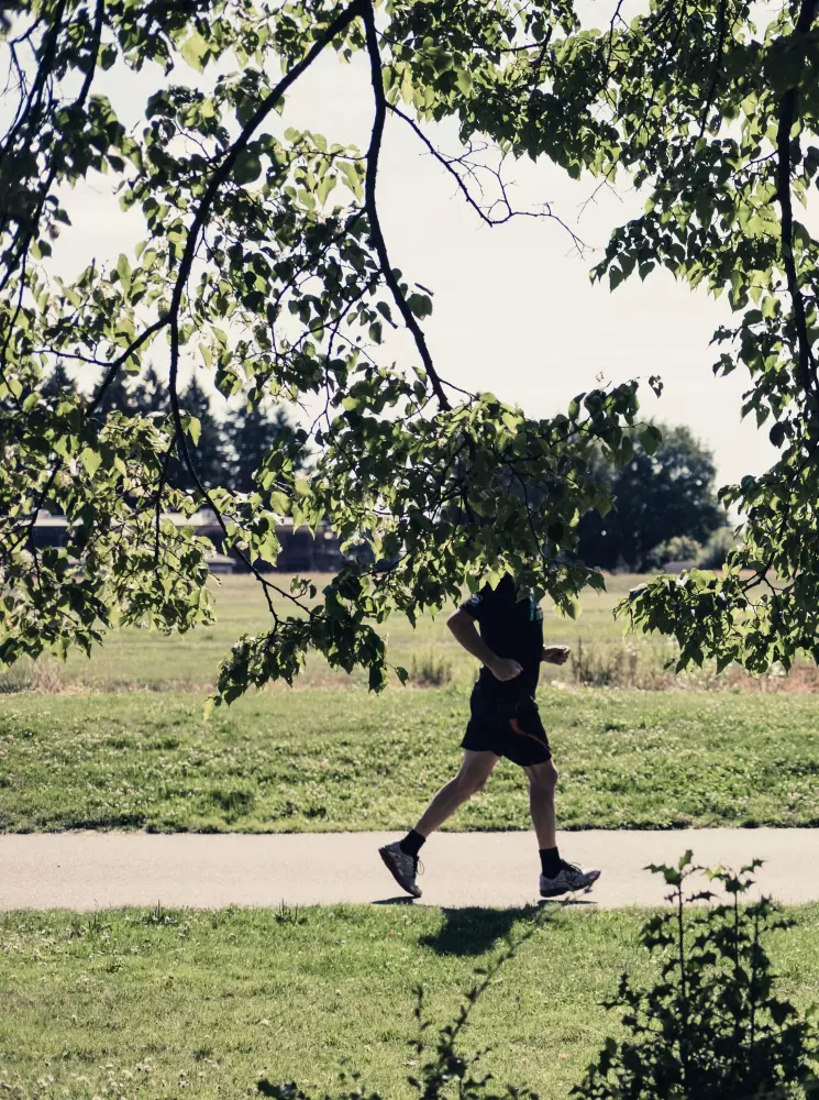 Eine Person, die auf einem Bürgersteig in einem Park spazieren geht.