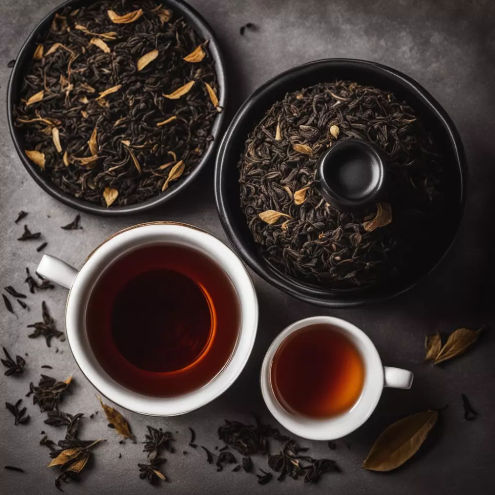 Elegante disposición de hojas de té negro junto a una taza de cerámica oscura con té preparado, capturada en un entorno de alto contraste con un enfoque en textura y profundidad, estilo fotográfico que enfatiza la riqueza y la elegancia.