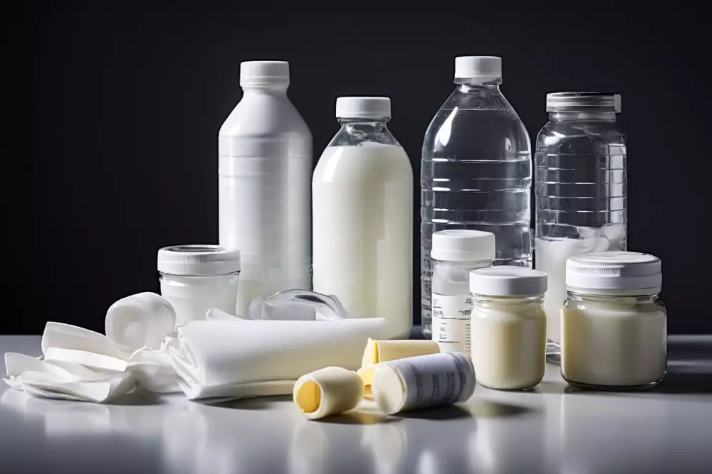 Un conjunto ordenado de artículos para el cuidado postoperatorio como vendas, cremas y una botella de agua en una superficie limpia. Fotografía realizada con un primer plano y una iluminación suave para evocar una sensación de cuidado y recuperación.